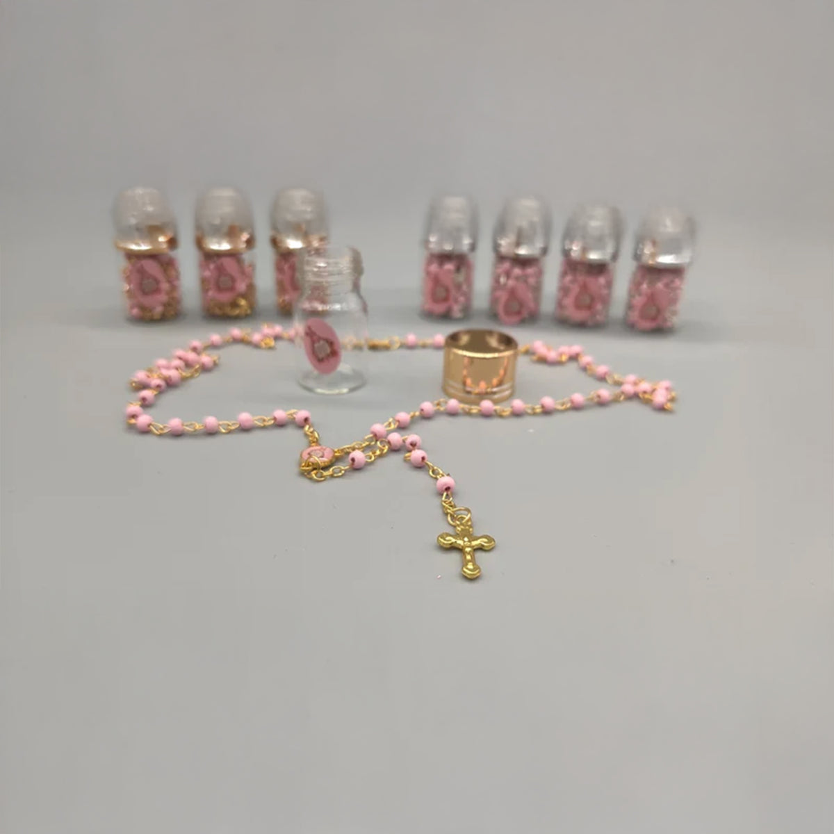 Baptism Favor - Baby Pink Beaded Rosary Necklace Crucifix Elegant Glass bottle Set of 12 - Choice of Gold or Silver - Recuerdos de Bautizo