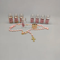 Baptism Favor - Baby Pink Beaded Rosary Necklace Crucifix Elegant Glass bottle Set of 12 - Choice of Gold or Silver - Recuerdos de Bautizo