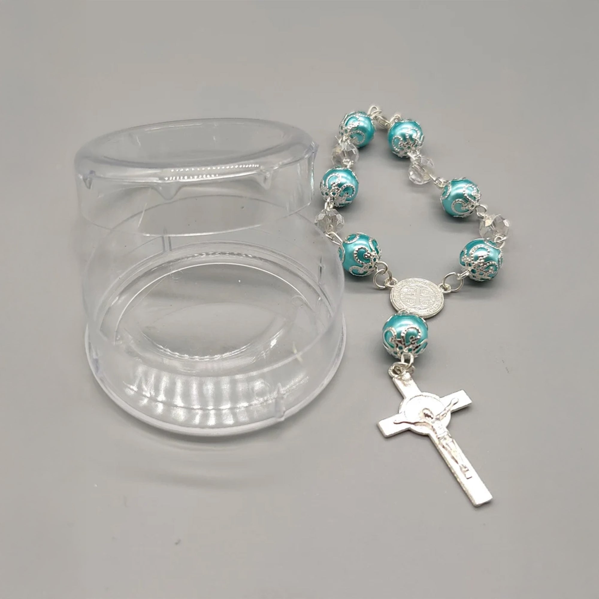 Baptism Favor - Baby Blue Beaded Mini Rosary Crucifix Elegant in Acrylic Case Set of 12 - Silver with Blue - Recuerdos de Bautizo