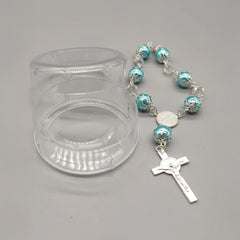 Baptism Favor - Baby Blue Beaded Mini Rosary Crucifix Elegant in Acrylic Case Set of 12 - Silver with Blue - Recuerdos de Bautizo