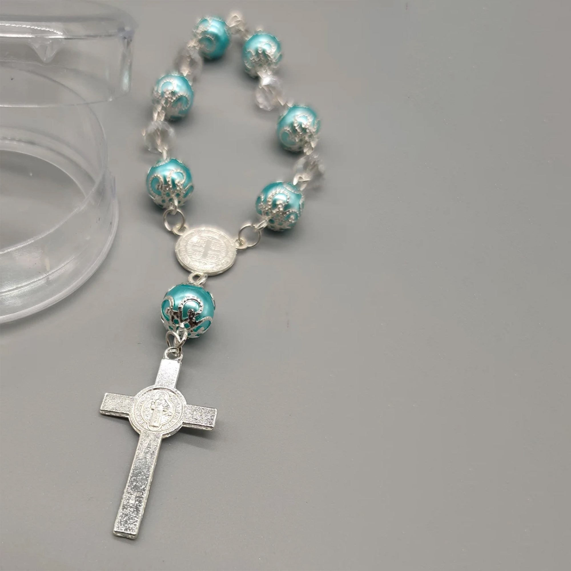 Baptism Favor - Baby Blue Beaded Mini Rosary Crucifix Elegant in Acrylic Case Set of 12 - Silver with Blue - Recuerdos de Bautizo