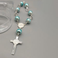 Baptism Favor - Baby Blue Beaded Mini Rosary Crucifix Elegant in Acrylic Case Set of 12 - Silver with Blue - Recuerdos de Bautizo