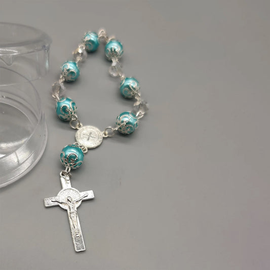 Baptism Favor - Baby Blue Beaded Mini Rosary Crucifix Elegant in Acrylic Case Set of 12 - Silver with Blue - Recuerdos de Bautizo