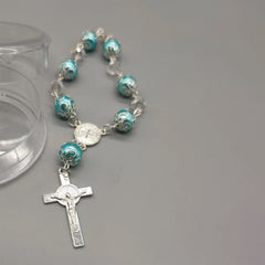 Baptism Favor - Baby Blue Beaded Mini Rosary Crucifix Elegant in Acrylic Case Set of 12 - Silver with Blue - Recuerdos de Bautizo