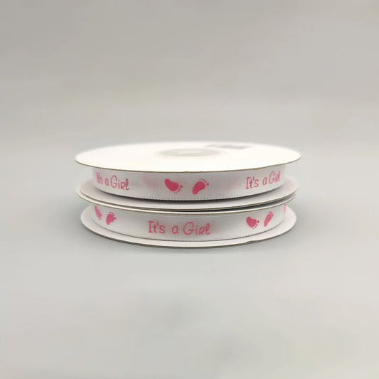 It's a Girl Baby Pink Grossgrain Ribbon with Baby Footprint - 3/4" x 25Y