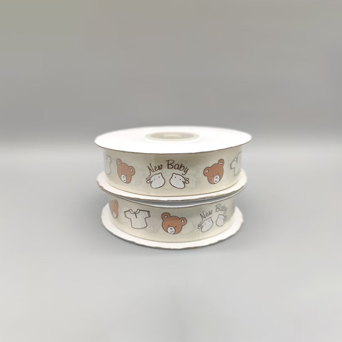 New Baby Creme Satin Ribbon - 25Y x 7/8" Roll - Baby Bear & Rabbit Pattern