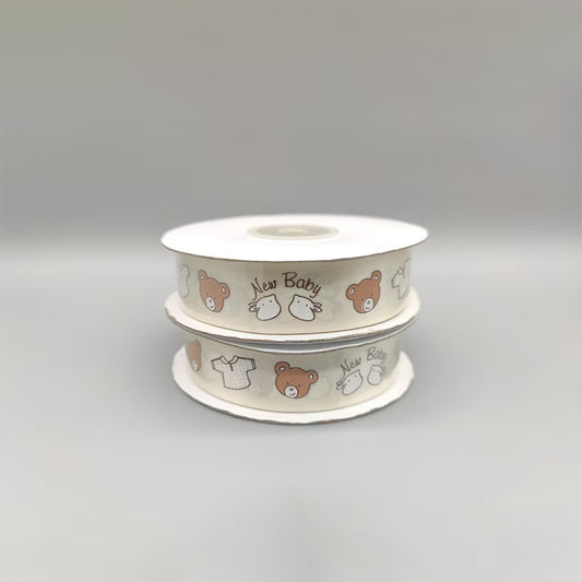 New Baby Creme Satin Ribbon - 25Y x 7/8" Roll - Baby Bear & Rabbit Pattern