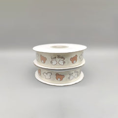 New Baby Creme Satin Ribbon - 25Y x 7/8" Roll - Baby Bear & Rabbit Pattern