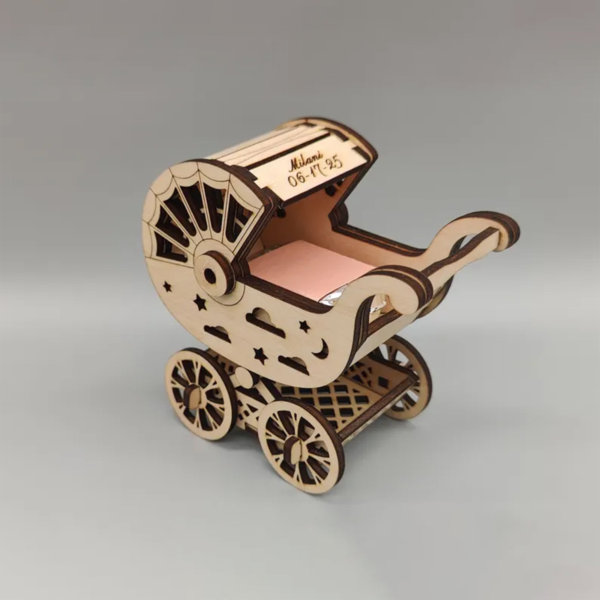 Personalized Wooden Baby Stroller Favor | Perfect for Chocolate Treats | Baby Shower Keepsake | Chique detailed designer carriage favor