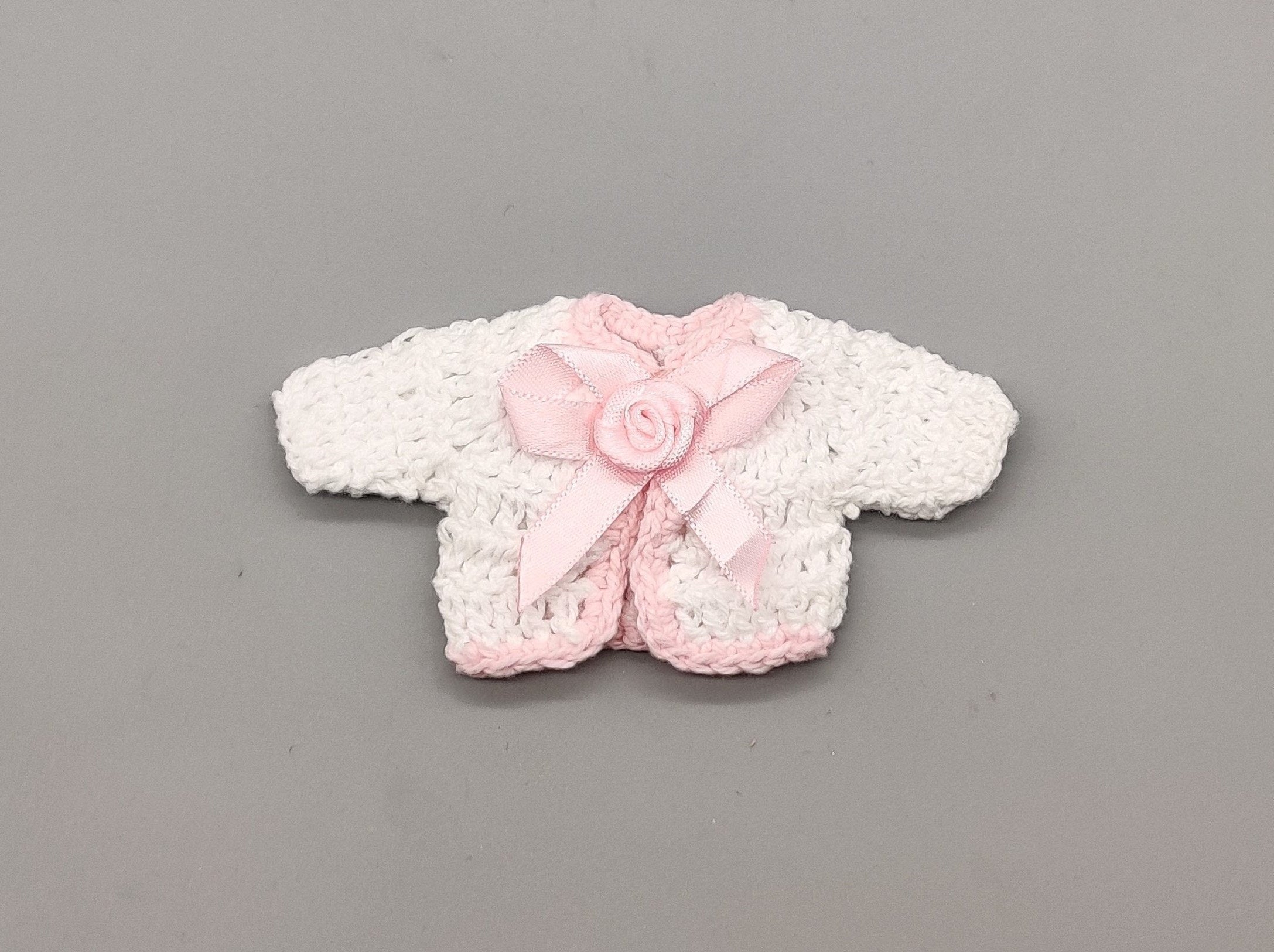 Set of 6 White Crochet Mini Jackets with Pink Bow – Baby Shower Favors