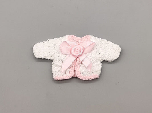 Set of 6 White Crochet Mini Jackets with Pink Bow – Baby Shower Favors