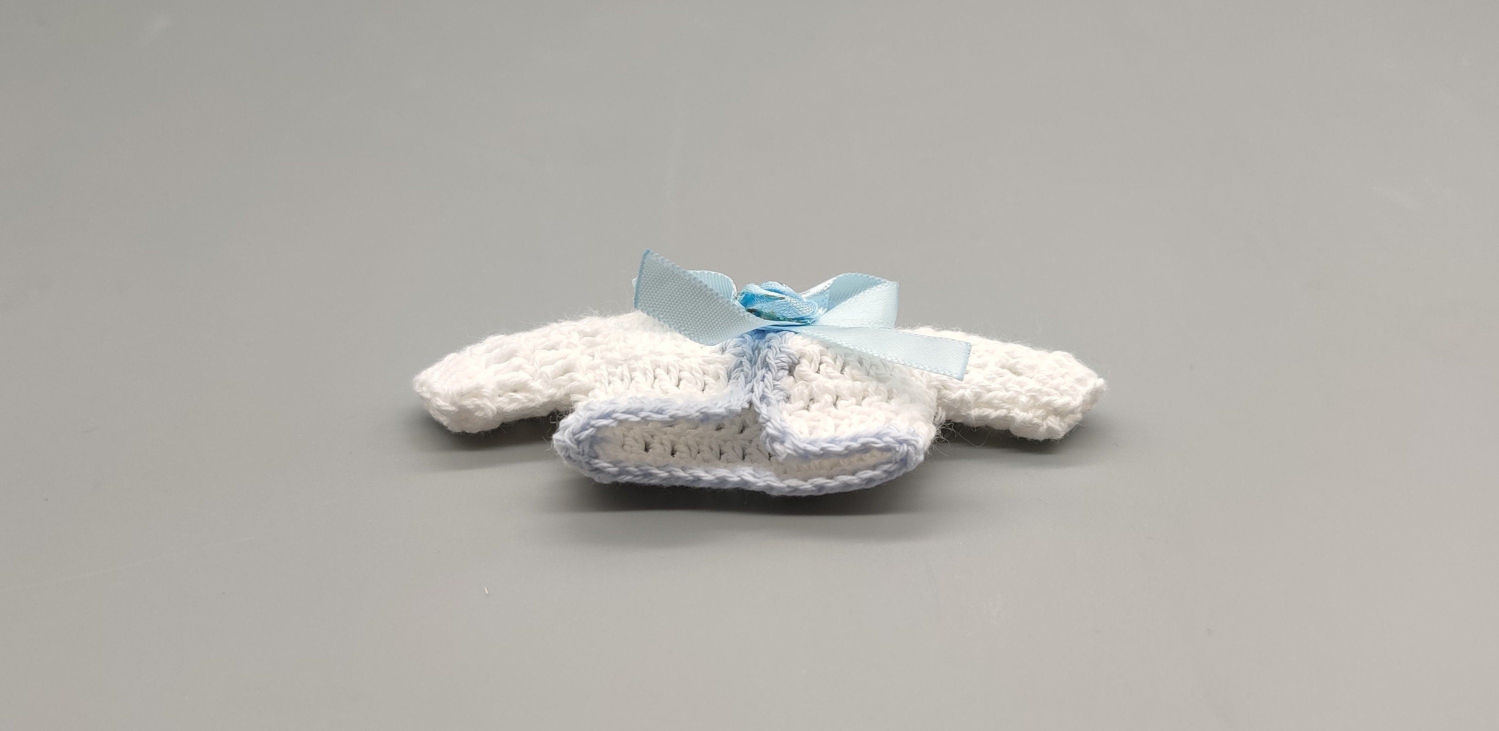 Set of 6 White Crochet Mini Jackets with Blue Bow – Baby Shower Favors
