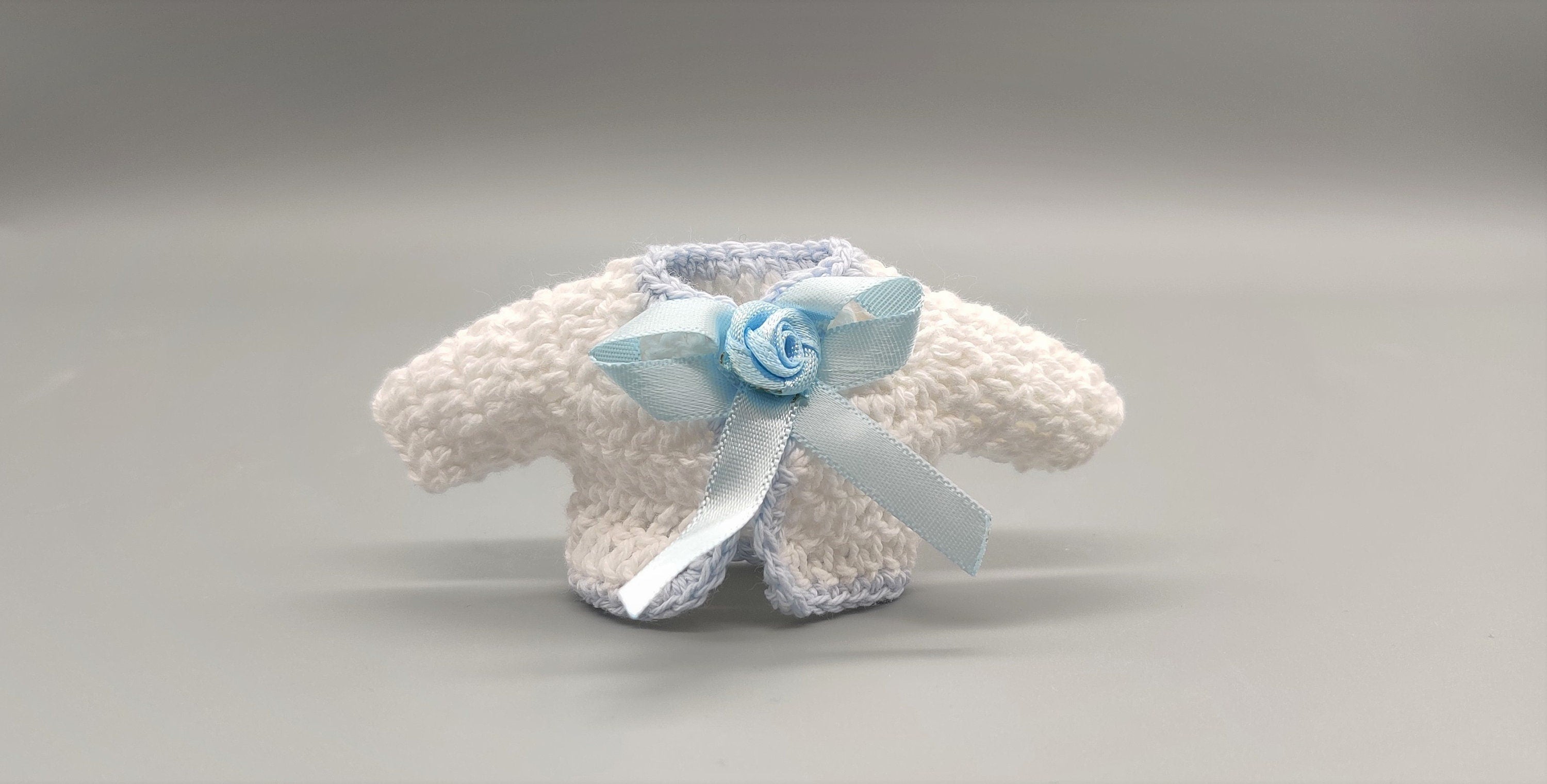 Set of 6 White Crochet Mini Jackets with Blue Bow – Baby Shower Favors