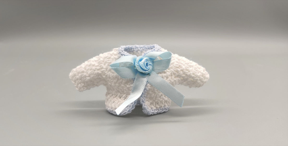 Set of 6 White Crochet Mini Jackets with Blue Bow – Baby Shower Favors