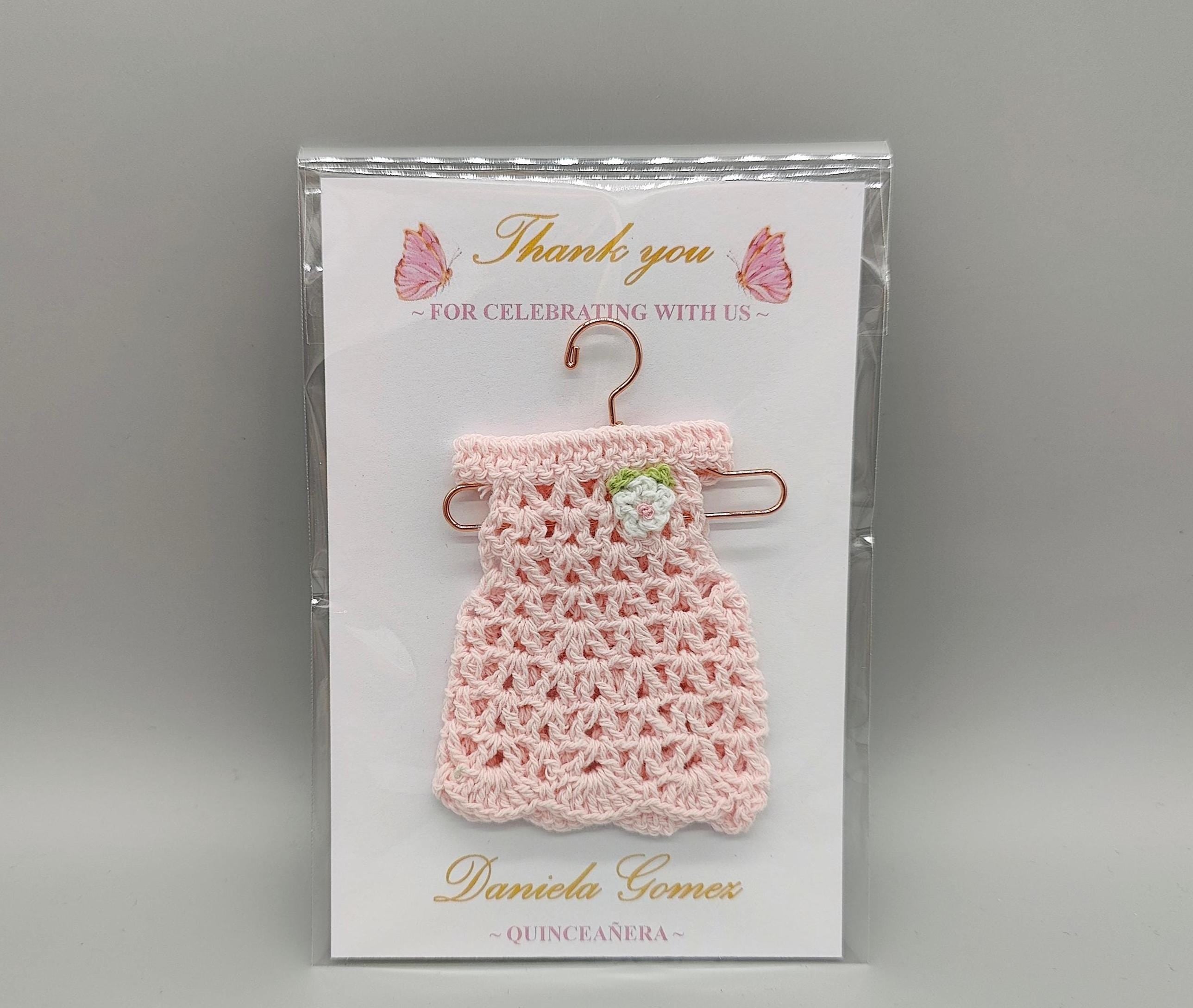Set of 6 Quinceañera Crochet Dress Favors with flower. – Custom Name & Date