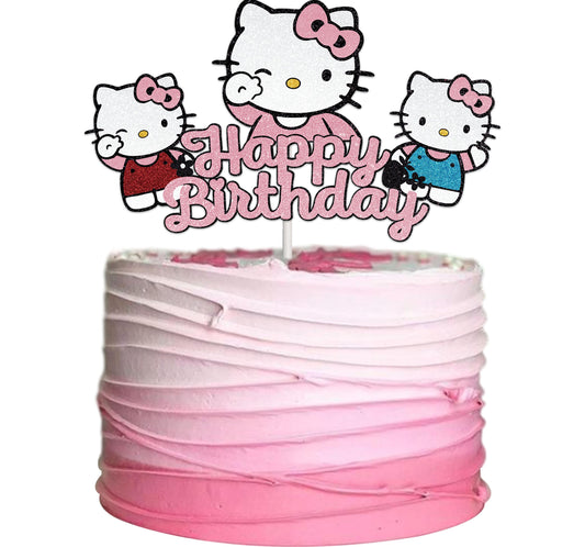 Custom Kitty Happy Birthday Cake Topper - Shimmery Violet - Red and Blue Kitty