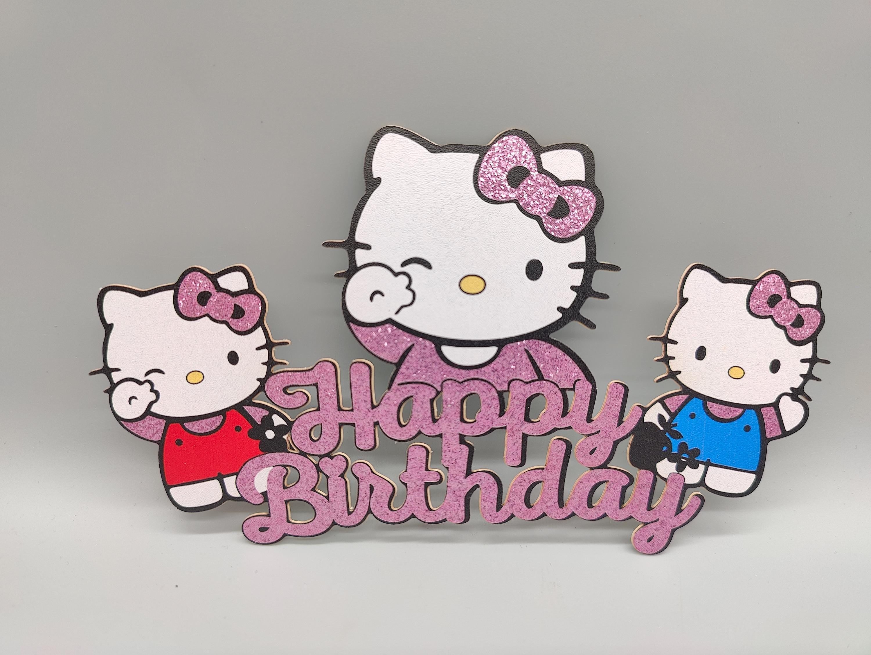 Custom Kitty Happy Birthday Cake Topper - Shimmery Violet - Red and Blue Kitty