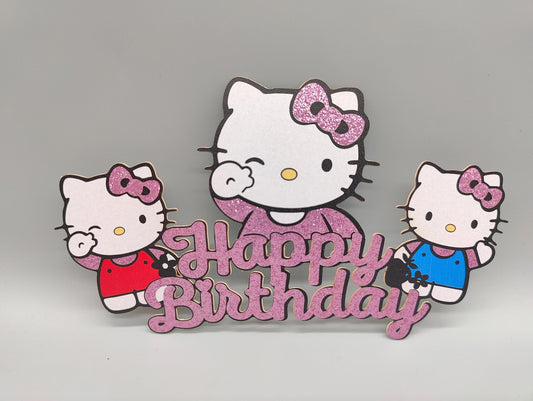 Custom Kitty Happy Birthday Cake Topper - Shimmery Violet - Red and Blue Kitty