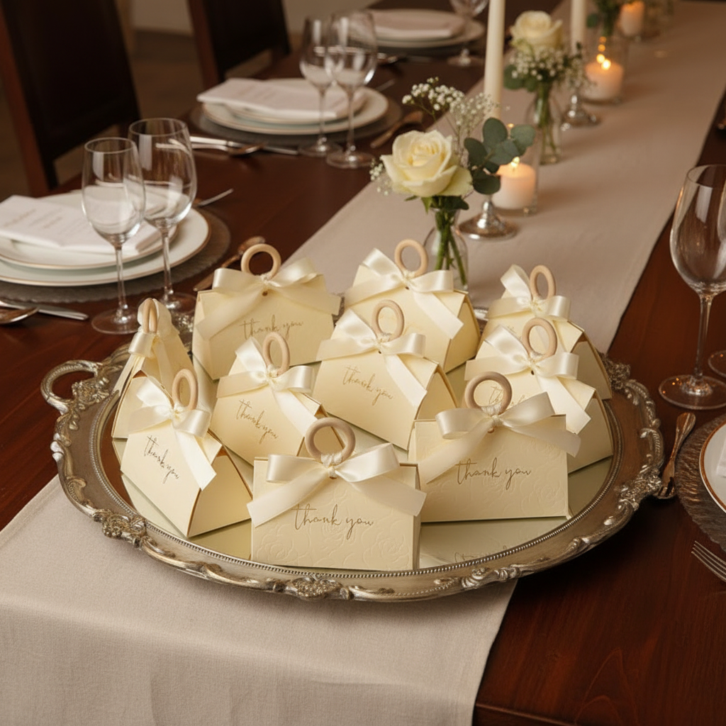 Elegant Wedding Favor Boxes with Wooden Handle & Ribbon - "Thank You" Guest Gift Box - Party Favor Boxes & Party Gifts  - Set of 12