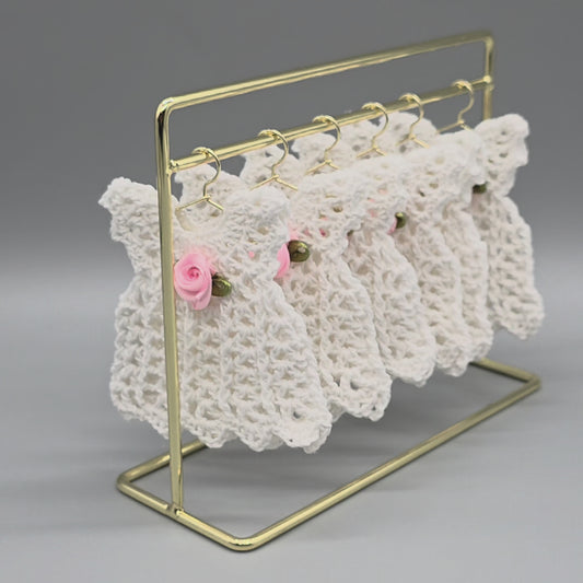Mini Crochet Dress Favors Set of 6 - White Baby Shower Decor, Christening Decorations, Tiny Crocheted Dress Keepsakes with Hangers/Rack