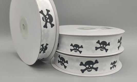 Skull & Crossbones Ribbon, 7/8" Black and White Grosgrain Ribbon, Pirate Themed Craft Supplies, Halloween Ribbon, Generous 25 Yard Spool