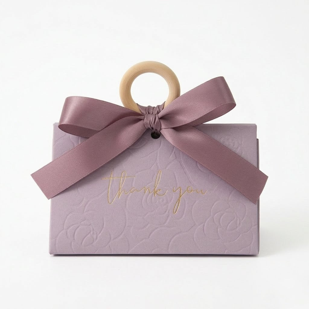 Lavender Floral Party Favor Box with Wooden Ring & Satin Bow - Party Gift | Luxury Gold Foil Thank You Party Gift for Weddings & Events