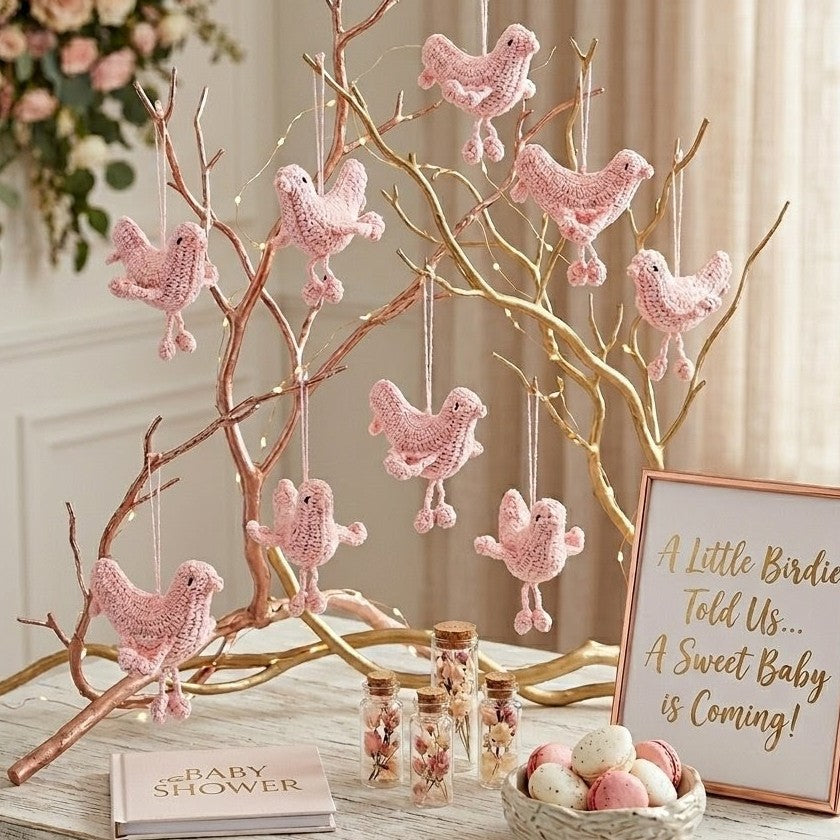 Set of 6 Sweet Pink Crochet Bird Ornaments | Handmade Baby Shower Decor | Nursery Hanging Decoration | Love Bird Party Favors