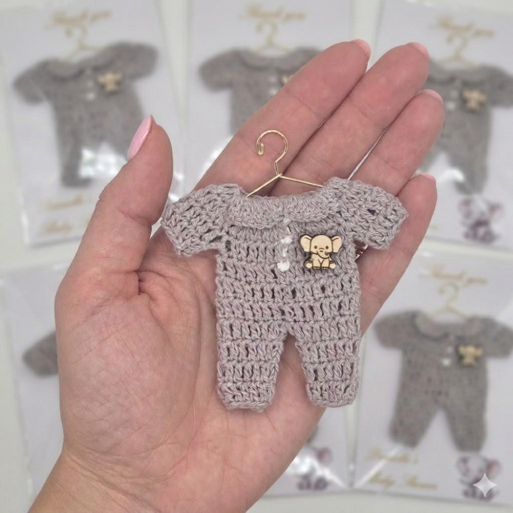 Handmade Elephant Baby Shower Party Favor | Personalized Mini Crochet Party Gift | Set of 6 Chic Grey Romper Thank You Cards