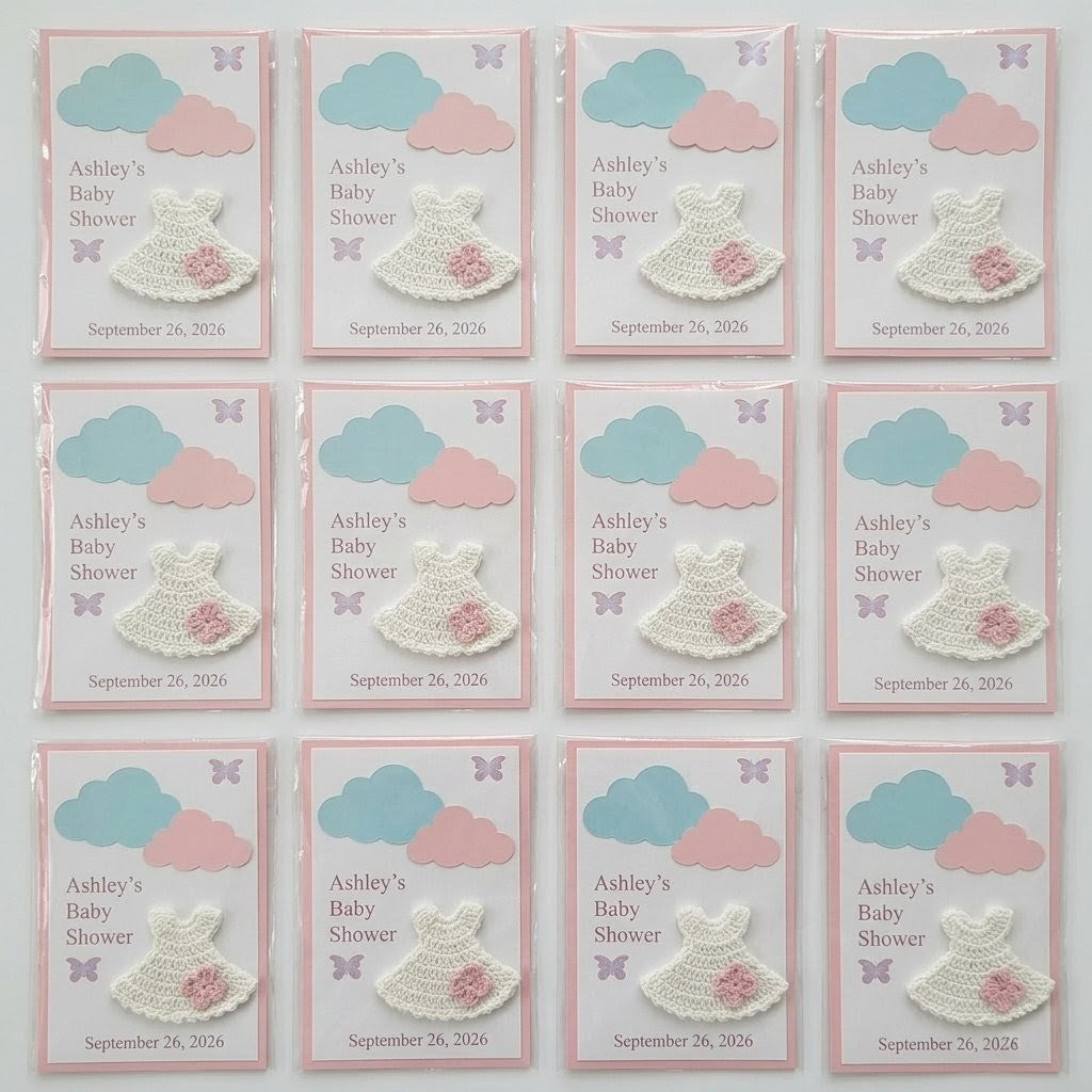 Personalized Baby Shower Party Favor Set of 6 | Tiny Crochet Dress Card Keepsakes in Cello Bag | Custom Baby Shower Party Gift