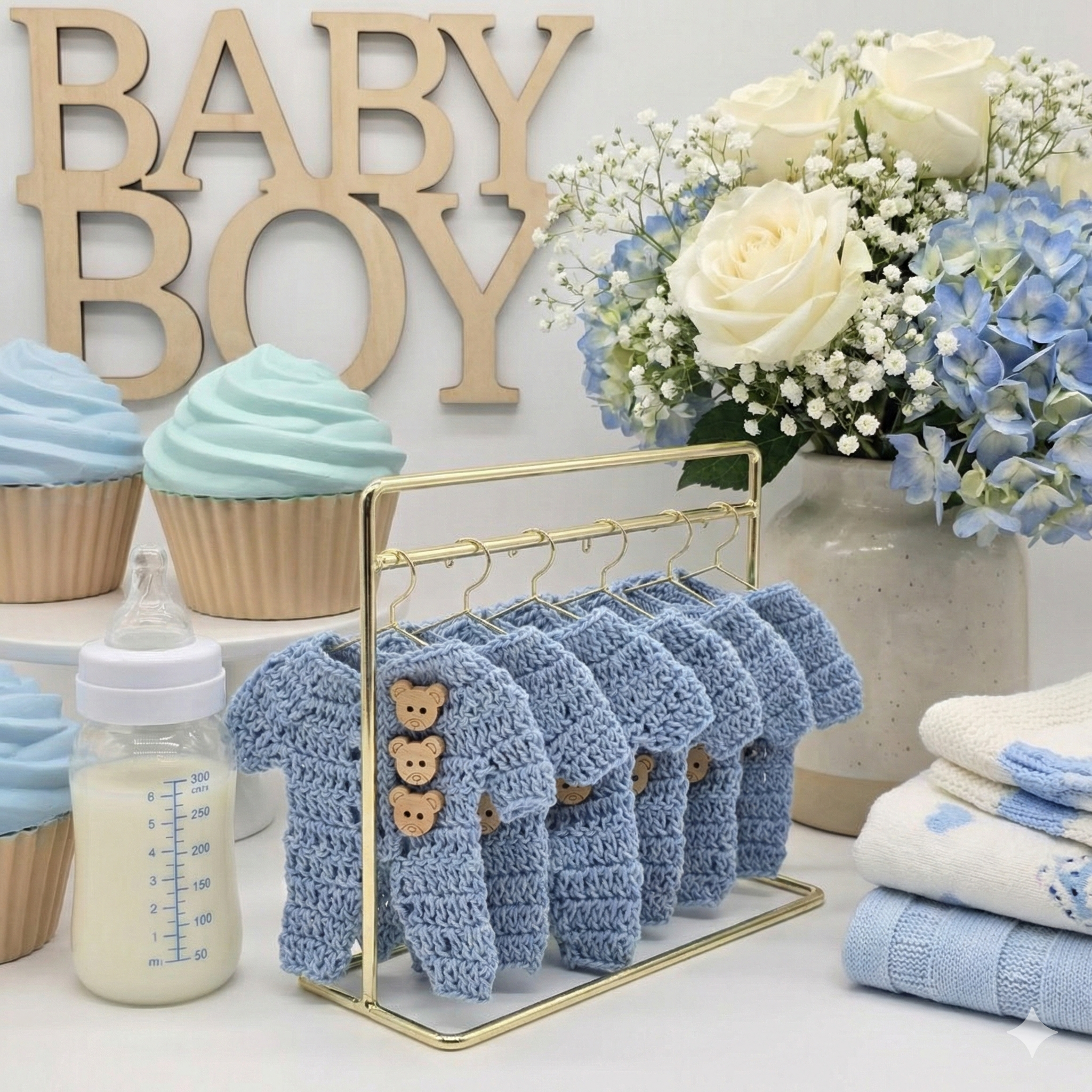 Mini Crochet Blue Onesie Party Favors - Set of 6 with Hanger & Hanging Rack Options - Tiny Teddy Bear Baby Shower