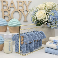 Mini Crochet Blue Onesie Party Favors - Set of 6 with Hanger & Hanging Rack Options - Tiny Teddy Bear Baby Shower