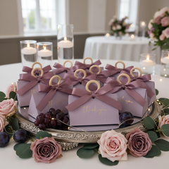 Lavender Floral Party Favor Box with Wooden Ring & Satin Bow - Party Gift | Luxury Gold Foil Thank You Party Gift for Weddings & Events