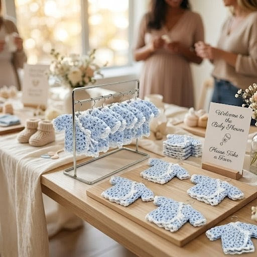 Mini Crochet Baby Shower Favors - Blue & White Tiny Jackets - Set of 6 Party Gift & Party Favor with Hanger Options