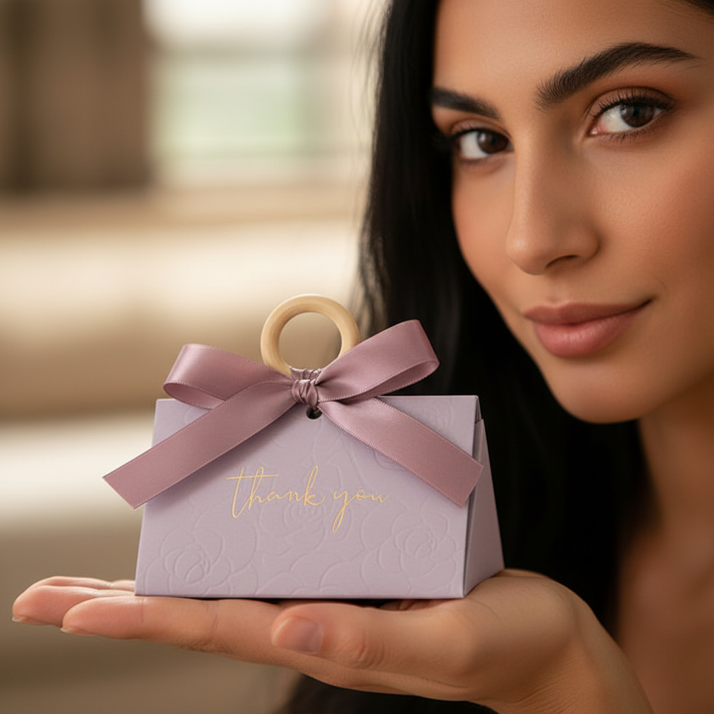 Lavender Floral Party Favor Box with Wooden Ring & Satin Bow - Party Gift | Luxury Gold Foil Thank You Party Gift for Weddings & Events