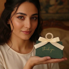 Tiny Green Party Favoring Party Gift Boxes with Wood Ring and Cream Ribbon - Triangular (Set of 12)