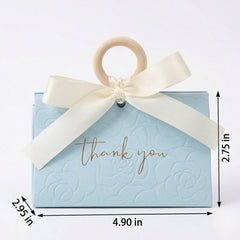 Baby Blue Embossed Favor Boxes with Wood Ring & Ribbon (Set of 12) Cute Party Favors & Party Gift for Baby Shower, Wedding & Quinceañera