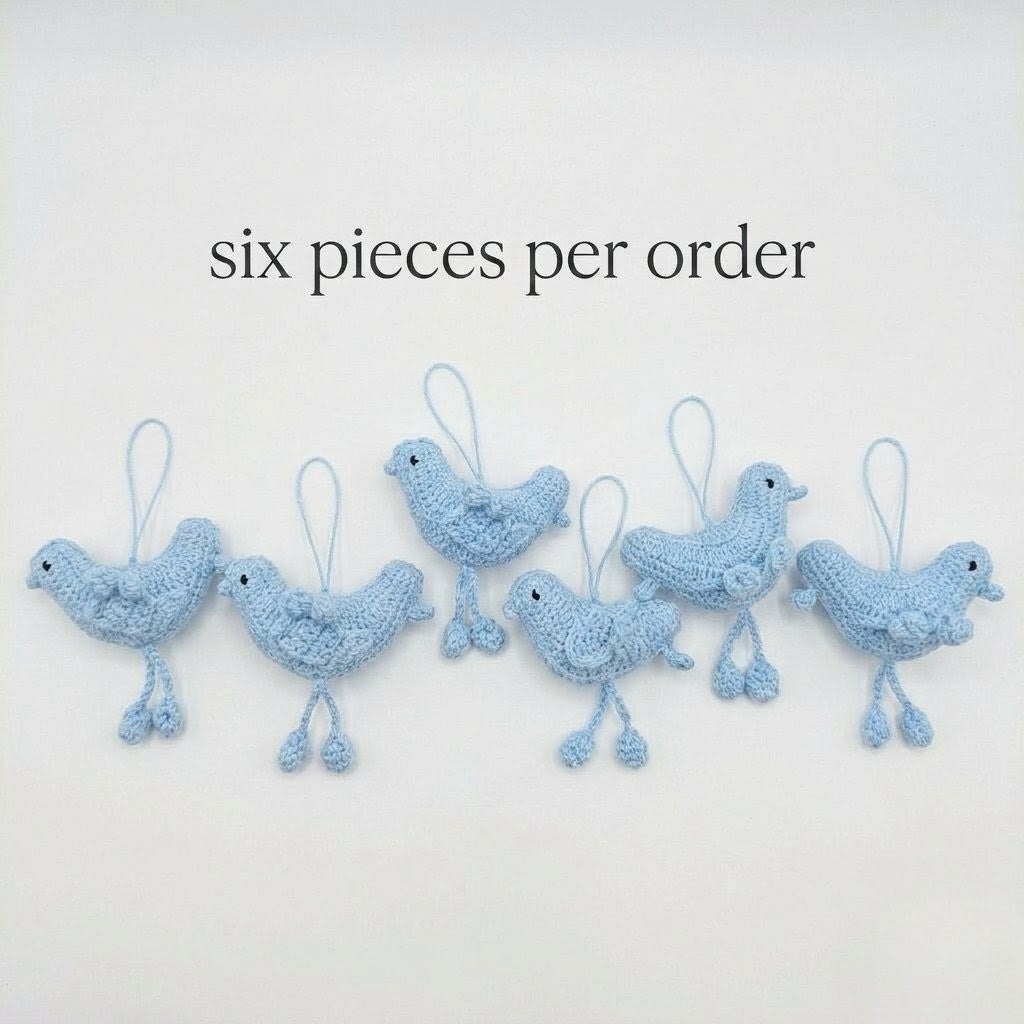 Set of 6 Blue Crochet Bird Ornaments | Handmade Baby Shower Decor | Nursery Hanging Decoration | Love Bird Party Favors