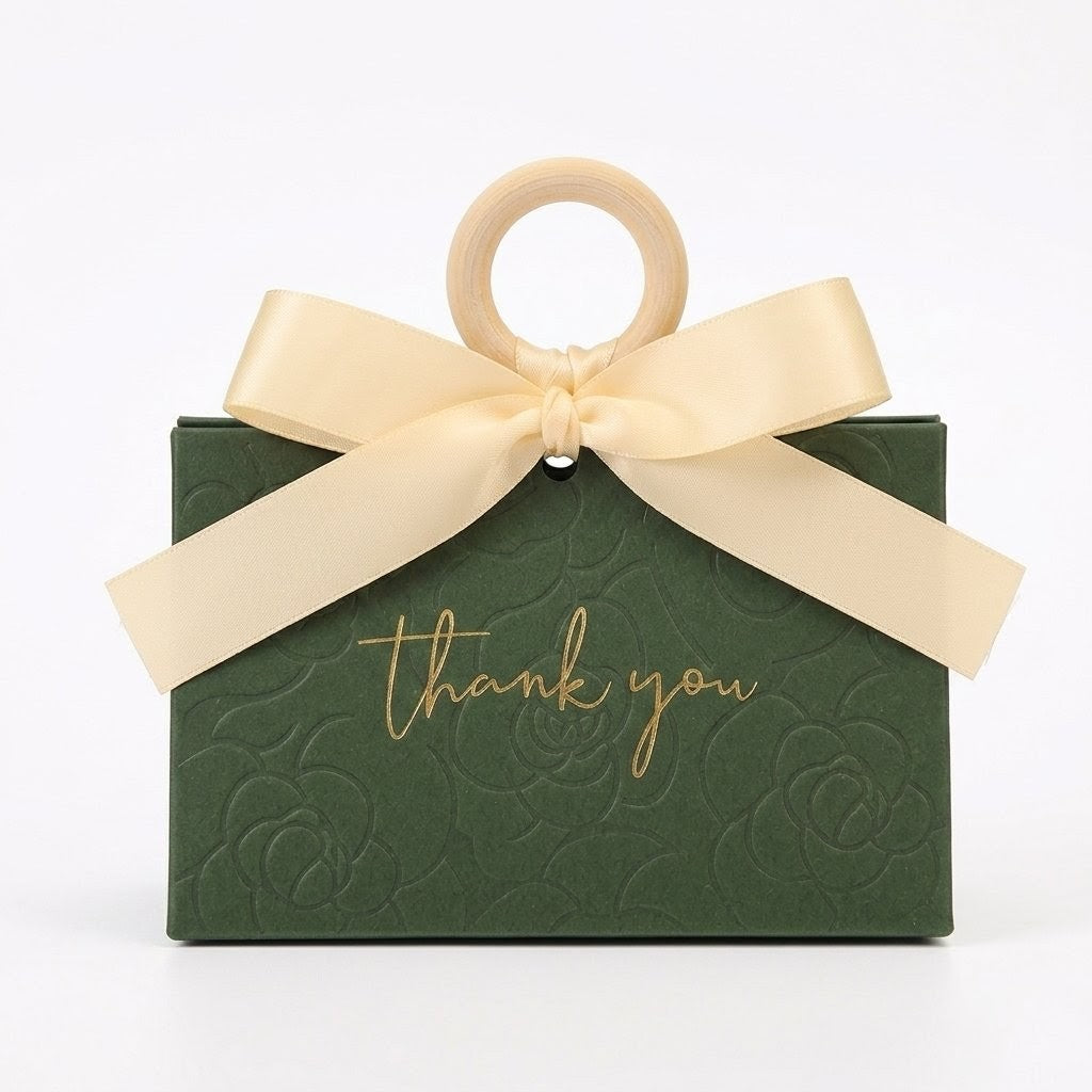 Tiny Green Party Favoring Party Gift Boxes with Wood Ring and Cream Ribbon - Triangular (Set of 12)