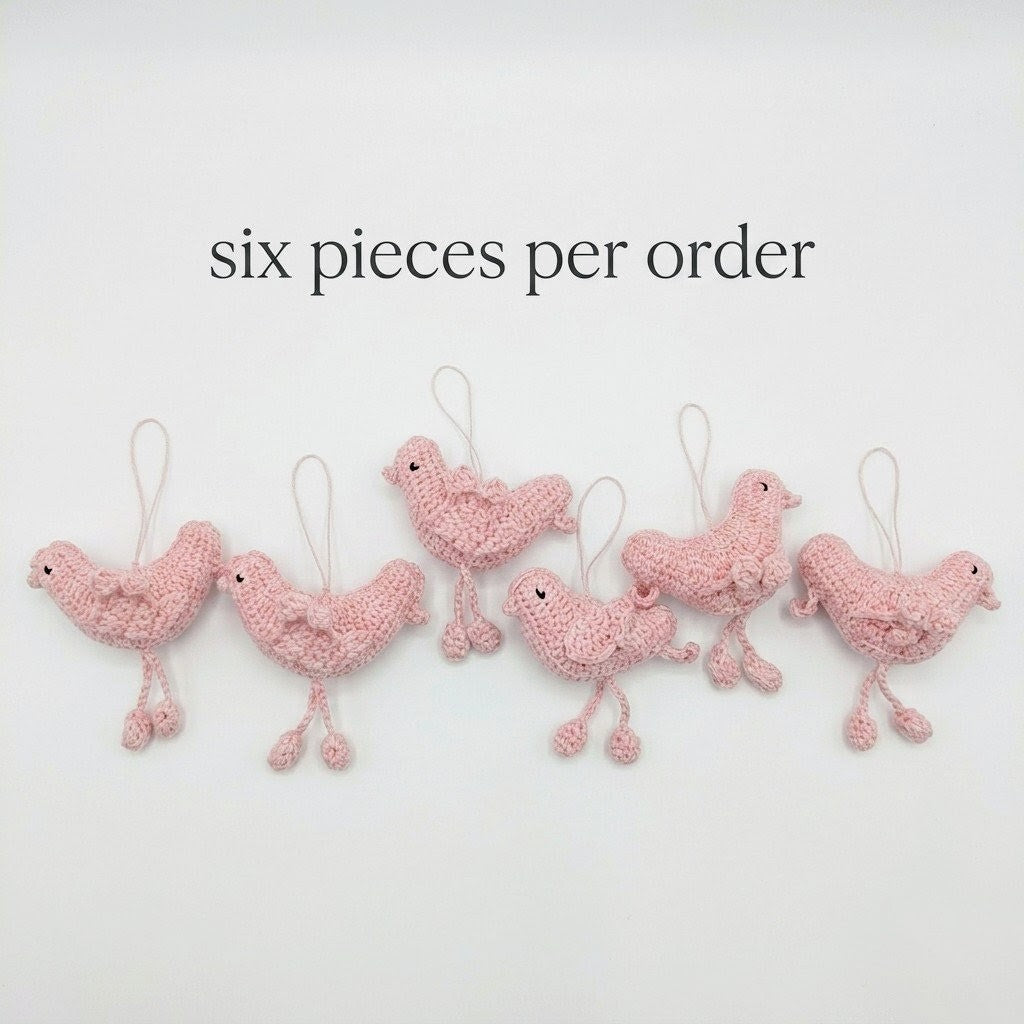 Set of 6 Sweet Pink Crochet Bird Ornaments | Handmade Baby Shower Decor | Nursery Hanging Decoration | Love Bird Party Favors
