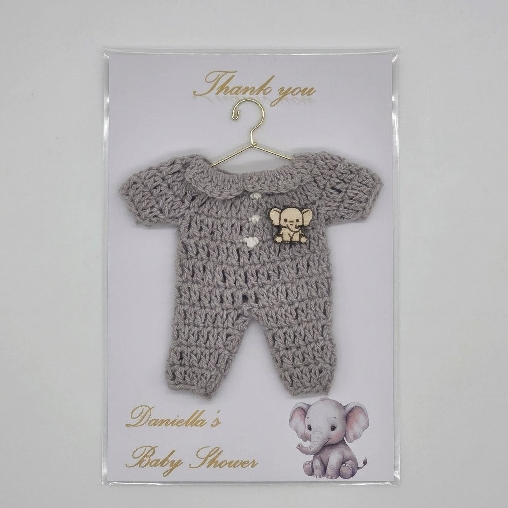 Handmade Elephant Baby Shower Party Favor | Personalized Mini Crochet Party Gift | Set of 6 Chic Grey Romper Thank You Cards