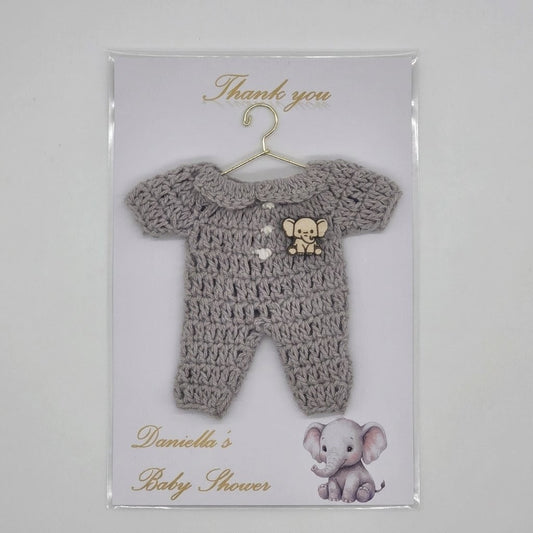 Handmade Elephant Baby Shower Party Favor | Personalized Mini Crochet Party Gift | Set of 6 Chic Grey Romper Thank You Cards