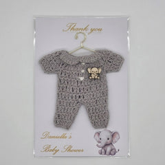 Handmade Elephant Baby Shower Party Favor | Personalized Mini Crochet Party Gift | Set of 6 Chic Grey Romper Thank You Cards