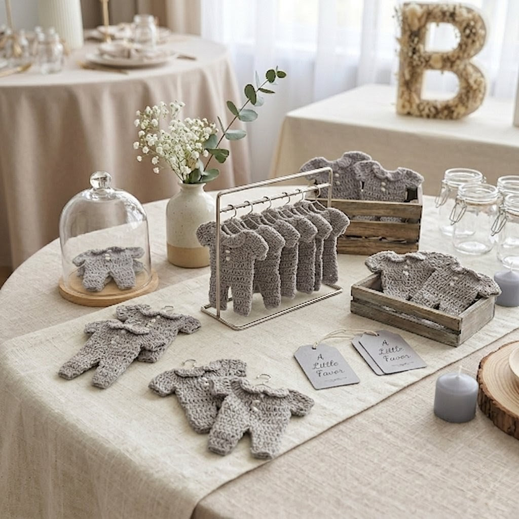 Grey Mini Crochet Romper Party Favor & Party Gifts | 3" Tiny Table Scatter for Baby Shower or Birthday - Set of 6