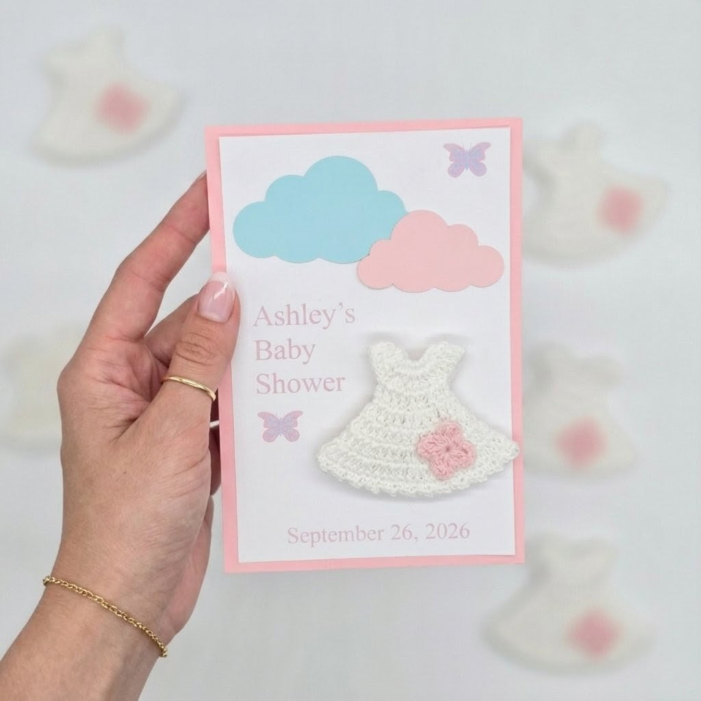 Personalized Baby Shower Party Favor Set of 6 | Tiny Crochet Dress Card Keepsakes in Cello Bag | Custom Baby Shower Party Gift