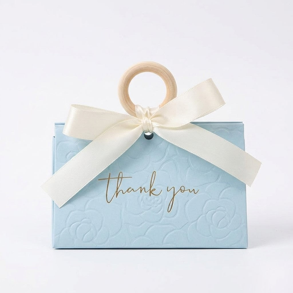 Baby Blue Embossed Favor Boxes with Wood Ring & Ribbon (Set of 12) Cute Party Favors & Party Gift for Baby Shower, Wedding & Quinceañera
