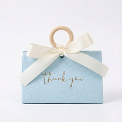 Baby Blue Embossed Favor Boxes with Wood Ring & Ribbon (Set of 12) Cute Party Favors & Party Gift for Baby Shower, Wedding & Quinceañera