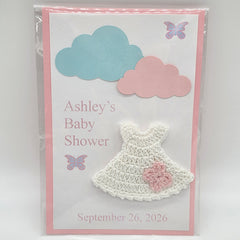 Personalized Baby Shower Party Favor Set of 6 | Tiny Crochet Dress Card Keepsakes in Cello Bag | Custom Baby Shower Party Gift