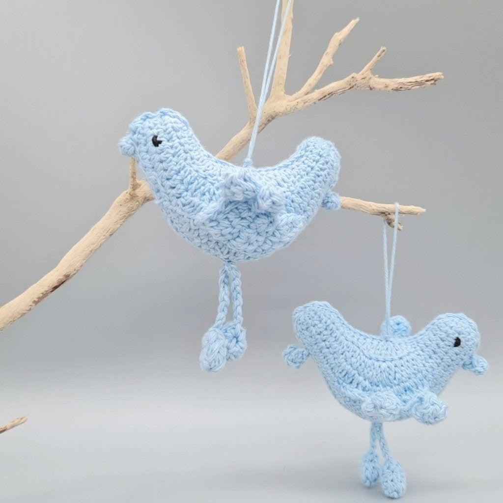 Set of 6 Blue Crochet Bird Ornaments | Handmade Baby Shower Decor | Nursery Hanging Decoration | Love Bird Party Favors