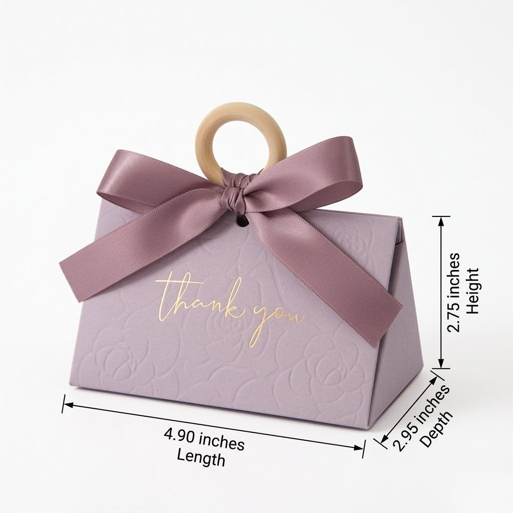 Lavender Floral Party Favor Box with Wooden Ring & Satin Bow - Party Gift | Luxury Gold Foil Thank You Party Gift for Weddings & Events