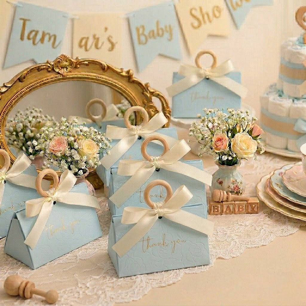 Baby Blue Embossed Favor Boxes with Wood Ring & Ribbon (Set of 12) Cute Party Favors & Party Gift for Baby Shower, Wedding & Quinceañera